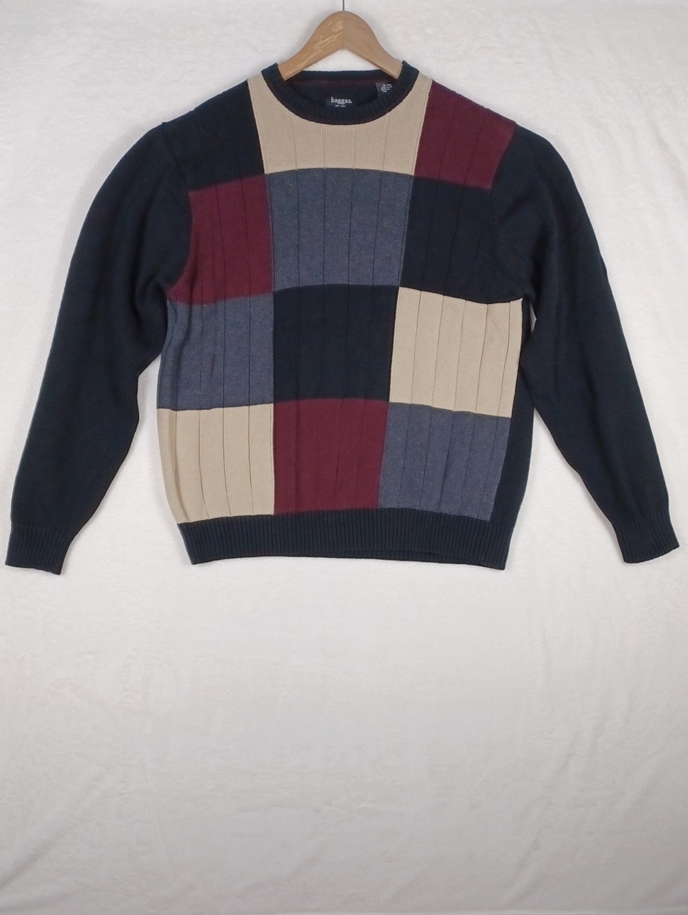 Haggar Men's Navy, Burgundy, Gray & Tan Colorblock Long Sleeve Crewneck Sweater